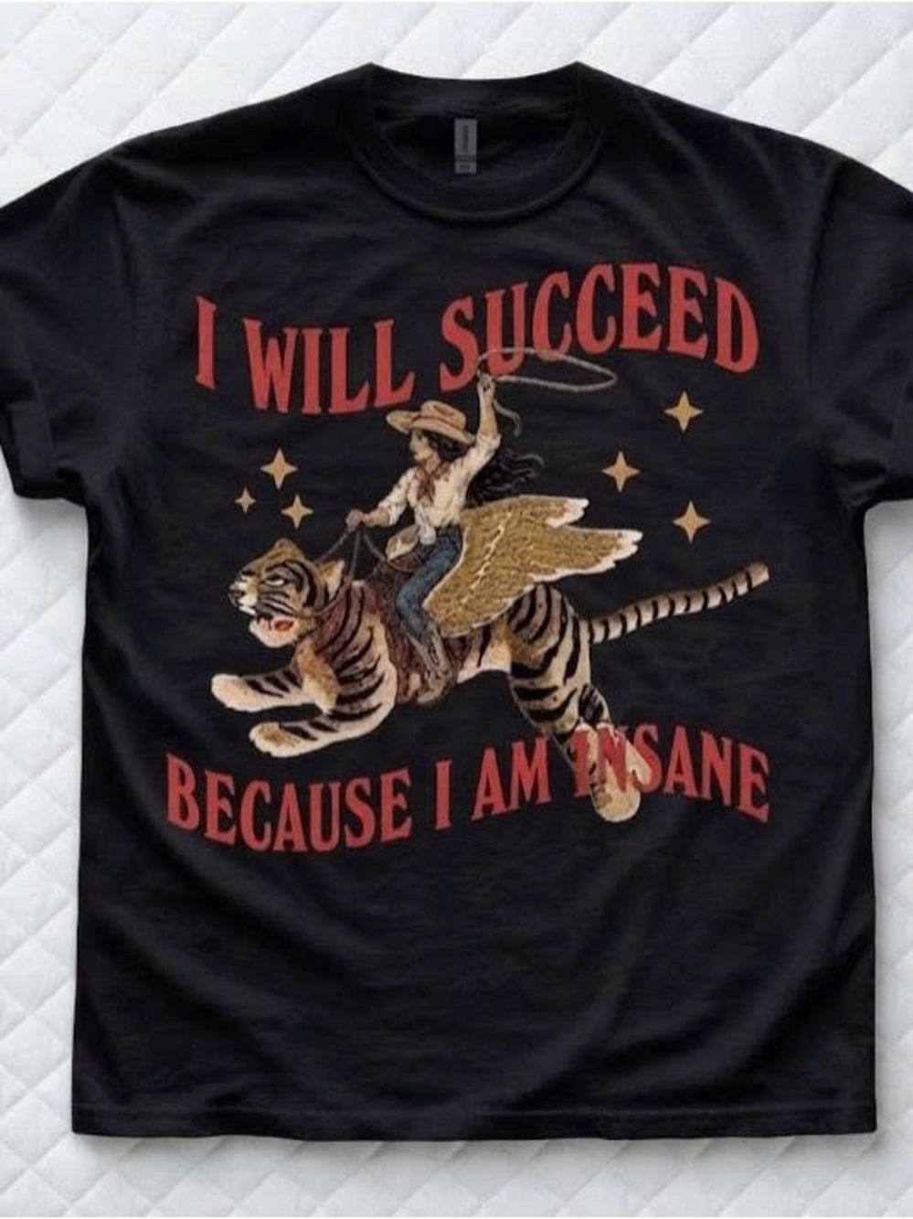 I will succeed because I amBlack Tee with Red Text and Gold Winged Tiger Graphic
